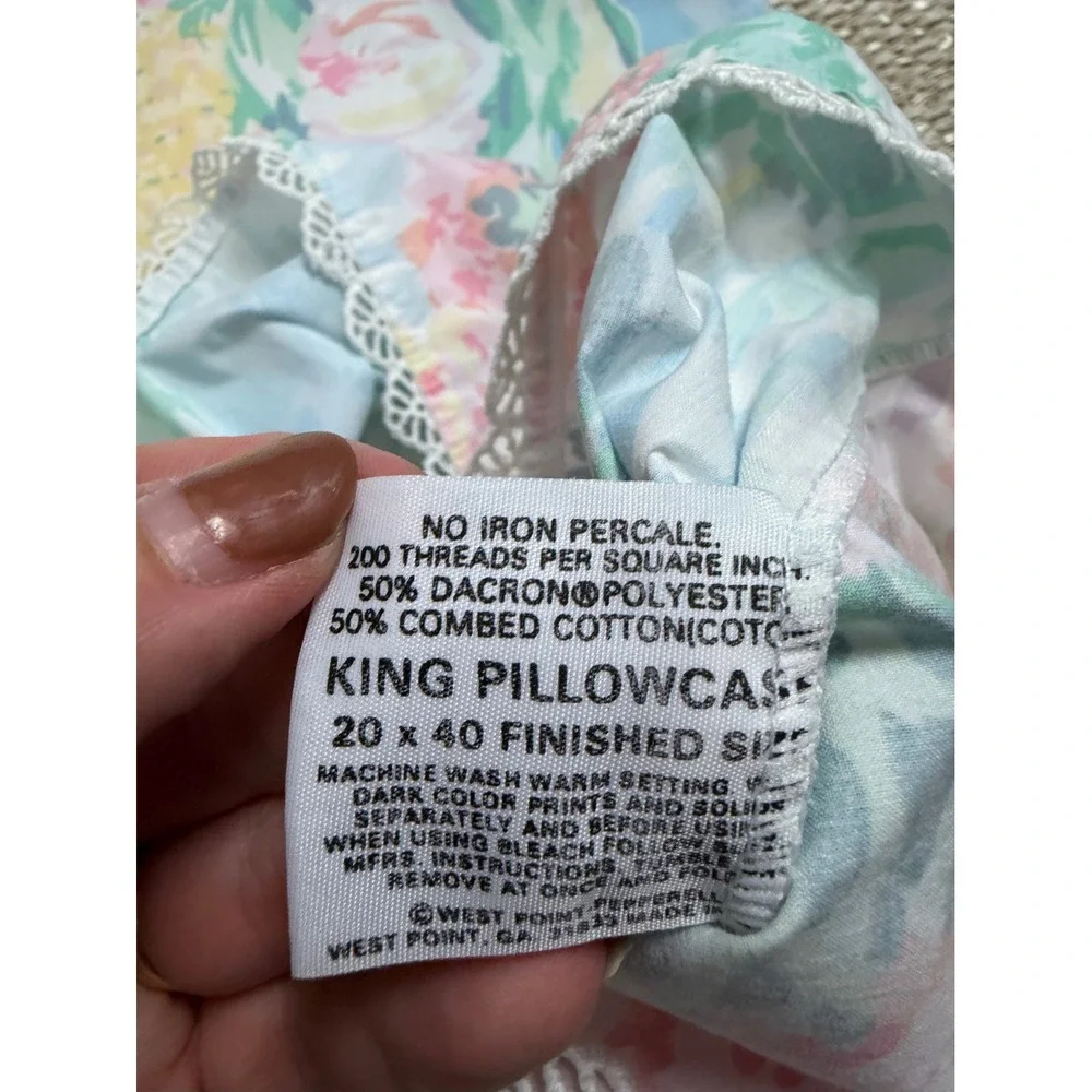 Atelier Martex King Pillowcase Set Floral Watercolor Lace Trim Vintage Monet